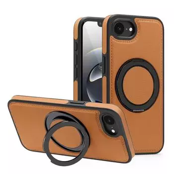 KEYSION Чехол из искусственной кожи MagSafe для iPhone 16e с вращающимся на 360° магнитным кольцом-подставкой и функцией беспроводной зарядки для iPhone 16e for iPhone 16e коричневый
