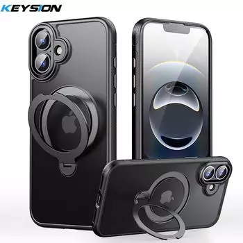 KEYSION Чехол-подставка с магнитным кольцом, вращающимся на 360°, для MagSafe для iPhone 16 Pro Max 16 Plus 16e, матовый прозрачный противоударный чехол для телефона for iPhone 16 чёрный