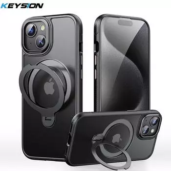 KEYSION Чехол-подставка с магнитным кольцом, вращающимся на 360°, для MagSafe для iPhone 13 14 15 Pro Max, прозрачный матовый противоударный чехол для телефона for iPhone 15 чёрный