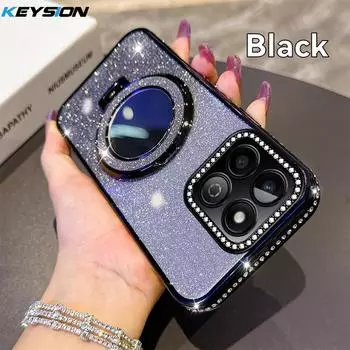 KEYSION Glitter Jewelled Magnetic Phone Case for HONOR X7c X8b X8A Makeup Mirror Stand Shockproof Cover for Honor 200 Smart 5G for Honor X7c чёрный
