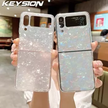 KEYSION Luxury Diamond Glossy Shell Pattern Case for Samsung Z Flip 6 5 4 3 5G Shockproof Phone Cover for Galaxy Z Flod 3 4 5 6 for Galaxy Z Flip 6 розовый