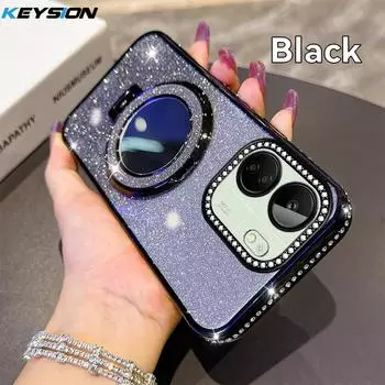 KEYSION Luxury Glitter Jewelled Magnetic Phone Case for Redmi 13C 4G Makeup Mirror Stand Shockproof Back Cover for Xiaomi POCO C65 for Redmi 13C чёрный