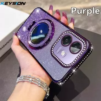 KEYSION Luxury Glitter Jewelled Magnetic Phone Case for OPPO A3X 5G A3 5G Makeup Mirror Stand Shockproof Cover for OPPO A40 A40m for OPPO A3X фиолетовый