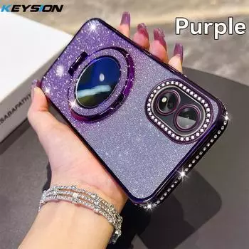 KEYSION Luxury Glitter Jewelled Magnetic Phone Case for OPPO A18 A38 A17 A17K A60 4G Makeup Mirror Ring Stand Shockproof Cover for OPPO A18 фиолетовый