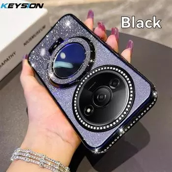 KEYSION Luxury Glitter Jewelled Magnetic Phone Case for Redmi A3 A3X Makeup Mirror Stand Shockproof Cover for Xiaomi POCO C61 for Redmi A3 чёрный