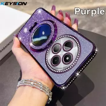 KEYSION Luxury Glitter Jewelled Magnetic Phone Case for Redmi 14C Makeup Mirror Stand Shockproof Back Cover for Xiaomi POCO C75 for Redmi 14C фиолетовый