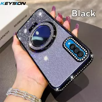 KEYSION Luxury Glitter Jewelled Magnetic Phone Case for Samsung Galaxy A50 A50S A30S Makeup Mirror Stand Shockproof Back Cover for Samsung A50 чёрный