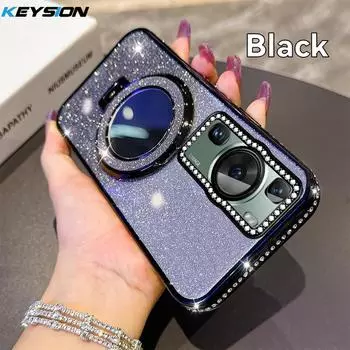KEYSION Luxury Glitter Jewelled Magnetic Phone Case for Huawei P60 Pro Makeup Mirror Stand Shockproof Cover for Huawei P60 for Huawei P60 чёрный