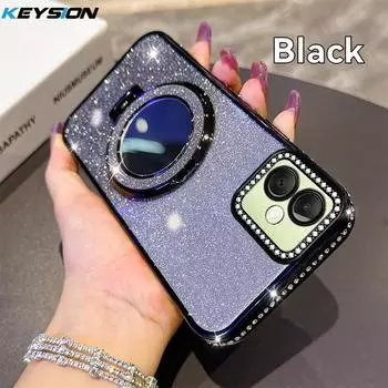 KEYSION Luxury Glitter Jewelled Magnetic Phone Case for Samsung Galaxy A07 A06 A05 A04 Makeup Mirror Stand Shockproof Back Cover for Samsung A07 чёрный