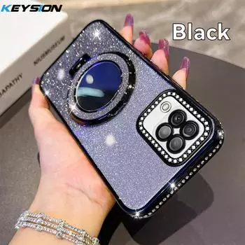 KEYSION Luxury Glitter Jewelled Magnetic Phone Case for Samsung Galaxy A22 A22S 5G A12 M12 Makeup Mirror Stand Shockproof Cover for Samsung A22 4G чёрный