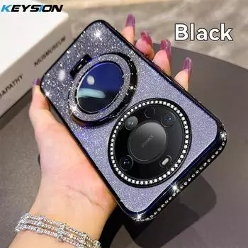KEYSION Luxury Glitter Jewelled Magnetic Phone Case for Huawei Mate 60 Pro 50 Pro 40 Pro Makeup Mirror Stand Shockproof Cover for Huawei Mate 60 чёрный