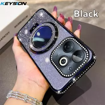 KEYSION Luxury Glitter Jewelled Magnetic Phone Case for TECNO Spark Go 2023 20 20C Pop 8 Makeup Mirror Stand Shockproof Cover for Spark Go 2023 чёрный