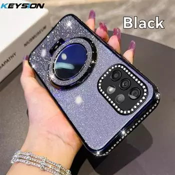 KEYSION Luxury Glitter Jewelled Magnetic Phone Case for Samsung Galaxy A52 S 5G A32 4G Makeup Mirror Stand Shockproof Back Cover for Samsung A52 чёрный