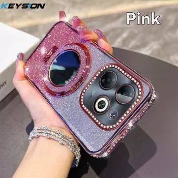 KEYSION Luxury Glitter Jewelled Magnetic Phone Case for Infinix Smart 8 Makeup Mirror Stand Shockproof Cover for Infinix Hot 40i for Smart 8 розовый