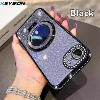 KEYSION Luxury Glitter Jewelled Magnetic Phone Case for iPhone 16e SE 2020 22 8 7 Plus Makeup Mirror Stand Shockproof Back Cover for iPhone 16e чёрный