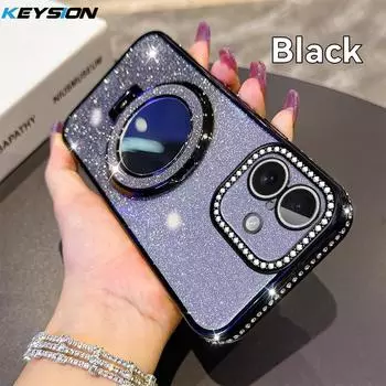 KEYSION Luxury Glitter Jewelled Magnetic Phone Case for iPhone 15 16 Pro Max 16 Plus Makeup Mirror Ring Stand Shockproof Cover for iPhone 16 чёрный