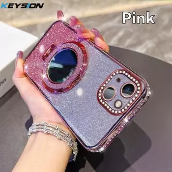 KEYSION Luxury Glitter Jewelled Magnetic Phone Case for iPhone 13 14 Pro Max Makeup Mirror Ring Stand Shockproof Back Cover for iPhone 13 розовый