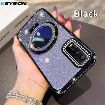 KEYSION Luxury Glitter Jewelled Magnetic Phone Case for VIVO Y20 Y20sG Y20i Y11S Y12S Makeup Mirror Ring Stand Shockproof Cover for VIVO Y20 чёрный