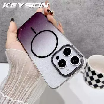 KEYSION Luxury Gradient Glitter Magnetic Phone Case for MagSafe for iPhone 14 15 16 Pro Max 16e 16 Plus Hard PC Shockproof Cover for iPhone 16 чёрный