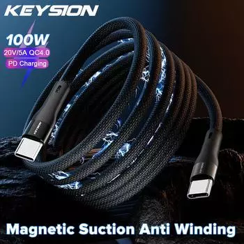 KEYSION Магнитный присоска с защитой от намотки, 100 Вт, USB C — USB Type C, кабель для быстрой зарядки PD для iPhone 15, MacBook, Samsung, шнур QC 4,0 1m белый