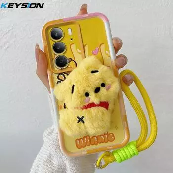 KEYSION Милый 3D мультяшный плюшевый чехол для Realme C75x со шнурком Мягкий силиконовый противоударный чехол для телефона OPPO Realme 14x 5G for Realme C75x
