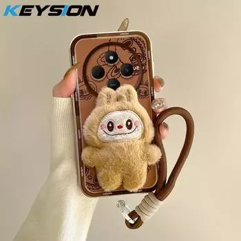 KEYSION Милый 3D мультяшный плюшевый чехол для Redmi 14C с ремешком Мягкий силиконовый противоударный чехол для телефона Xiaomi POCO C75 for Redmi 14C