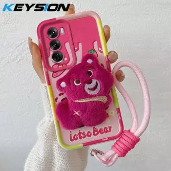 KEYSION Милый 3D мультяшный плюшевый чехол для OPPO Reno12 Pro 5G со шнурком Мягкий силиконовый противоударный чехол для телефона OPPO Reno 12 5G for OPPO Reno12 5G