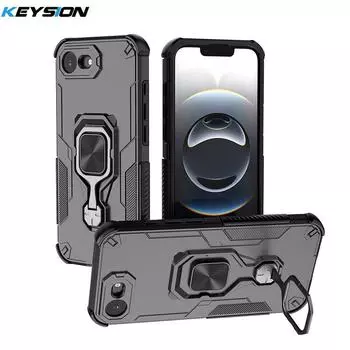 KEYSION Противоударный бронированный чехол для iPhone 16e Мягкий силикон + PC Вертикальная металлическая подставка для телефона Задняя крышка для iPhone 16e 2025 for iPhone 16e чёрный