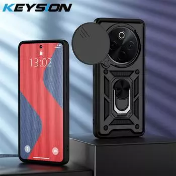 KEYSION Противоударный бронированный чехол для IQOO Z10 5G Силикон+ПК Сдвижная защита объектива камеры Кольцо-подставка Чехол для телефона для VIVO IQOO Z10 for IQOO Z10 чёрный