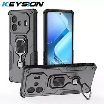 KEYSION Противоударный бронированный чехол для IQOO Z9 Turbo Мягкий силиконовый + PC Вертикальный металлический чехол-подставка для телефона для IQOO Z9 Turbo+ Z9 5G for IQOO Z9 чёрный