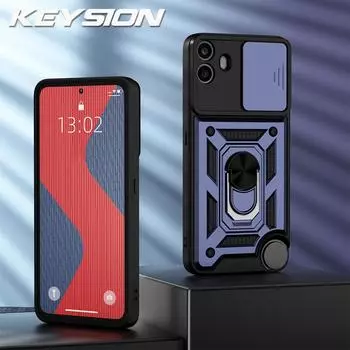 KEYSION Противоударный бронированный чехол для Nothing CMF Phone 1 со сдвижной защитой объектива камеры, кольцом-подставкой, задней крышкой для CMF Phone 1 for CMF Phone 1 синий
