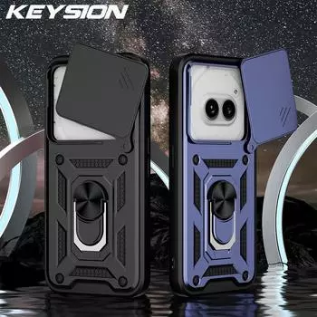 KEYSION Противоударный бронированный чехол для Nothing Phone 2A Plus Slide Camera Protection Ring Stand Phone Back Cover для Nothing Phone 2A for Nothing 2A чёрный