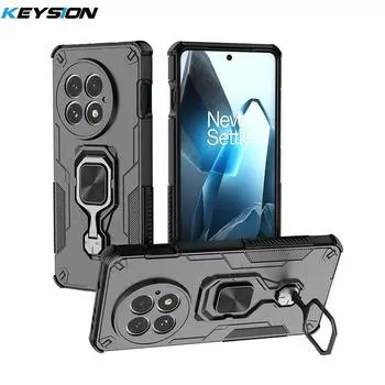 KEYSION Противоударный бронированный чехол для OnePlus 13 5G Мягкий силикон+ПК Вертикальная металлическая кольцевая подставка Задняя крышка для телефона для One Plus 1+ 13 5G for OnePlus 13 чёрный