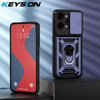 KEYSION Противоударный бронированный чехол для OPPO Reno14 Pro 5G с защитным кольцом для сдвижной камеры, подставкой, задней крышкой для телефона для OPPO Reno14 5G for OPPO Reno14 5G синий