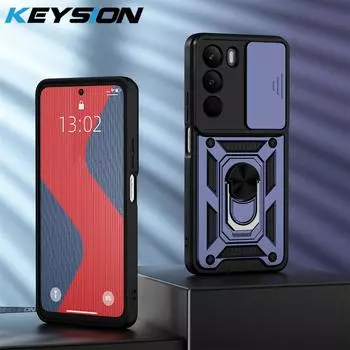 KEYSION Противоударный бронированный чехол для Realme C71 Силикон+ПК Сдвижная защита объектива камеры Кольцо-подставка Чехол для телефона для OPPO Realme C71 for Realme C71 синий