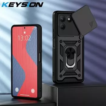 KEYSION Противоударный бронированный чехол для TECNO POVA 7 4G Защита объектива слайд-камеры Металлическое кольцо-подставка Задняя крышка телефона для TECNO Pova7 for Tecno Pova 7 чёрный