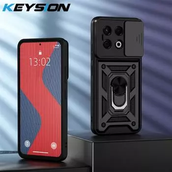 KEYSION Противоударный бронированный чехол для TECNO Spark 30 Pro с выдвижной защитой объектива камеры, кольцом-подставкой, задней крышкой для телефона для Camon 30S Pro for Spark 30 Pro чёрный