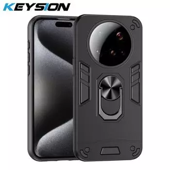 KEYSION Противоударный бронированный чехол для Xiaomi 15 Ultra Soft Silicone + PC Ring Stand Phone Back Cover для Xiaomi 15 Ultra 5G for Xiaomi 15 Ultra чёрный
