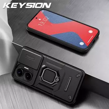 KEYSION Противоударный бронированный чехол для Xiaomi POCO F7 5G со сдвижной защитой объектива камеры, кольцом-подставкой, чехол для телефона для Redmi Turbo 4 Pro for POCO F7 чёрный