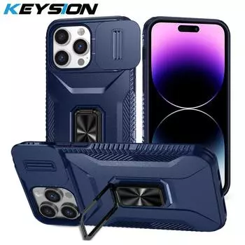 KEYSION Противоударный чехол для iPhone 15 Pro Max 15 Plus Slide Camera Protection Ring Stand Phone Cover для iPhone 12 13 14 Pro Max for iPhone 15 красный