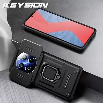 KEYSION Противоударный чехол для Realme 13 5G со сдвижной защитой объектива камеры, кольцом-подставкой, задняя крышка для телефона OPPO Realme 13 5G for Realme 13 5G чёрный