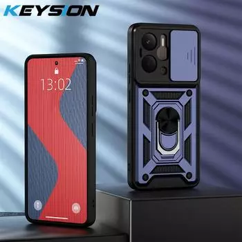 KEYSION Противоударный чехол для Realme 14 5G 14T 5G Сдвижная защита объектива камеры Кольцо-подставка Задняя крышка телефона для OPPO Realme 14T 5G for Realme 14 5G синий