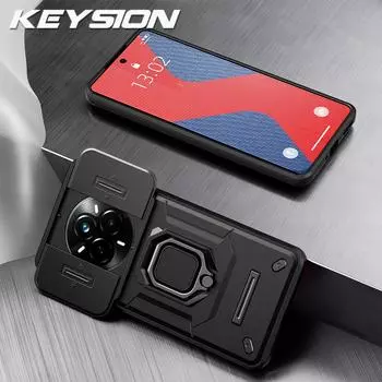 KEYSION Противоударный чехол для Realme 14 Pro+5G Slide Camera Protection Metal Ring Stand Phone Back Cover для OPPO Realme 14 Pro 5G for Realme 14 Pro 5G чёрный