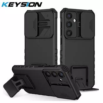KEYSION Противоударный чехол для Samsung S25 Ultra 5G S25+ Plus Slide Camera Lens Protection Live Stand Phone Cover для Galaxy S24 FE 5G for Galaxy S25 чёрный