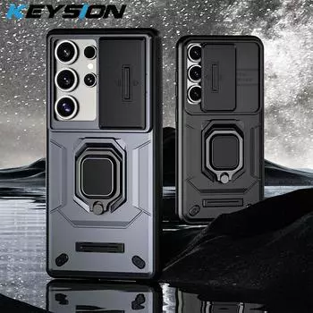 Противоударный чехол KEYSION для Samsung S25 Ultra 5G Slide, защитное кольцо для объектива камеры, подставка, задняя крышка для телефона Galaxy S25+ Plus for Galaxy S25 чёрный