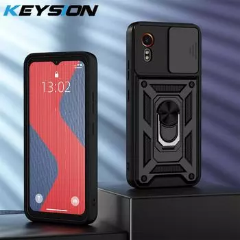 KEYSION Противоударный чехол для Samsung XCover7 Pro 5G со сдвижной защитой объектива камеры, кольцом-подставкой, задняя крышка для телефона Galaxy XCover 7 for XCover 7 чёрный