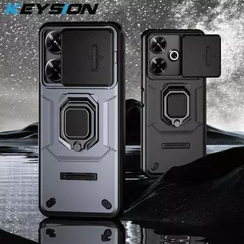 Противоударный чехол KEYSION для Xiaomi POCO M6 4G Slide Push Pull, защитное кольцо для объектива камеры, подставка, задняя крышка для телефона Redmi 13 for Redmi 13 серый