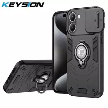 KEYSION Противоударный чехол для Xiaomi POCO X7 Pro Slide Camera Lens Protection Ring Stand Phone Back Cover для Redmi Turbo 4 for POCO X7 Pro чёрный