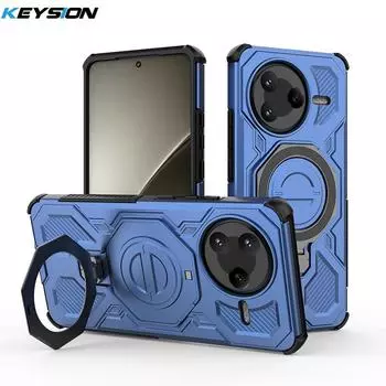 KEYSION Противоударный магнитный чехол для POCO F7 Pro 5G с вертикальной металлической подставкой-кольцом для просмотра видео, задняя крышка для телефона Xiaomi POCO F7 Ultra 5G for POCO F7 Pro синий