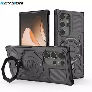KEYSION Противоударный магнитный чехол для Samsung S24 Ultra 5G с вертикальной живой металлической подставкой-кольцом, задняя крышка для телефона Galaxy S24 Ultra 5G for Galaxy S24 Ultra чёрный